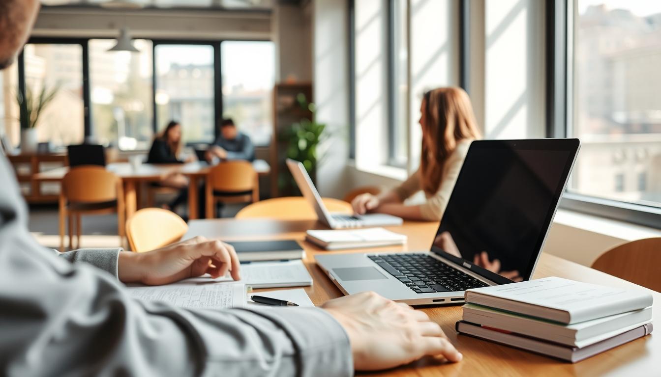 Students studying together in modern classroom